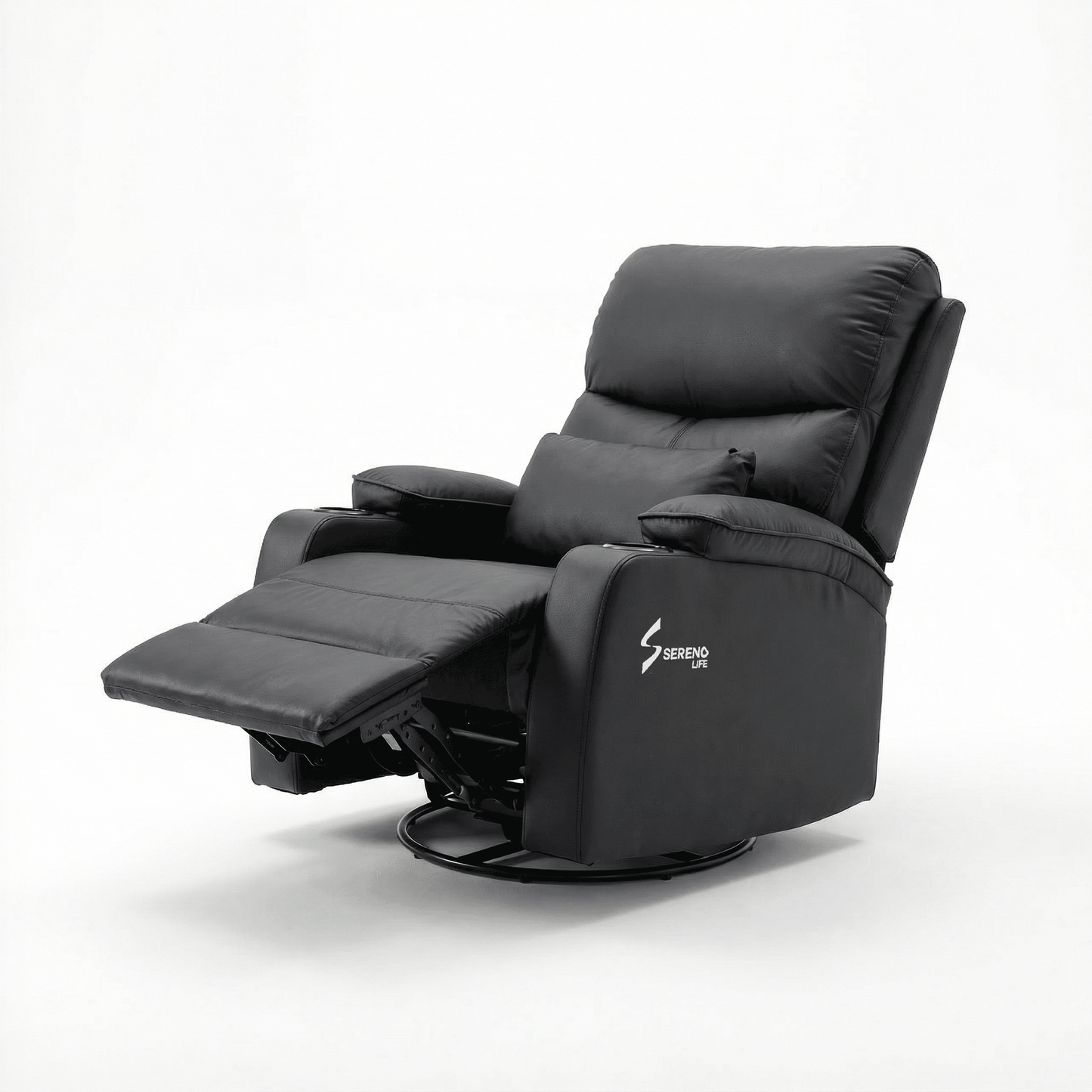 First Class relaxing recliner chair black fully reclined position
