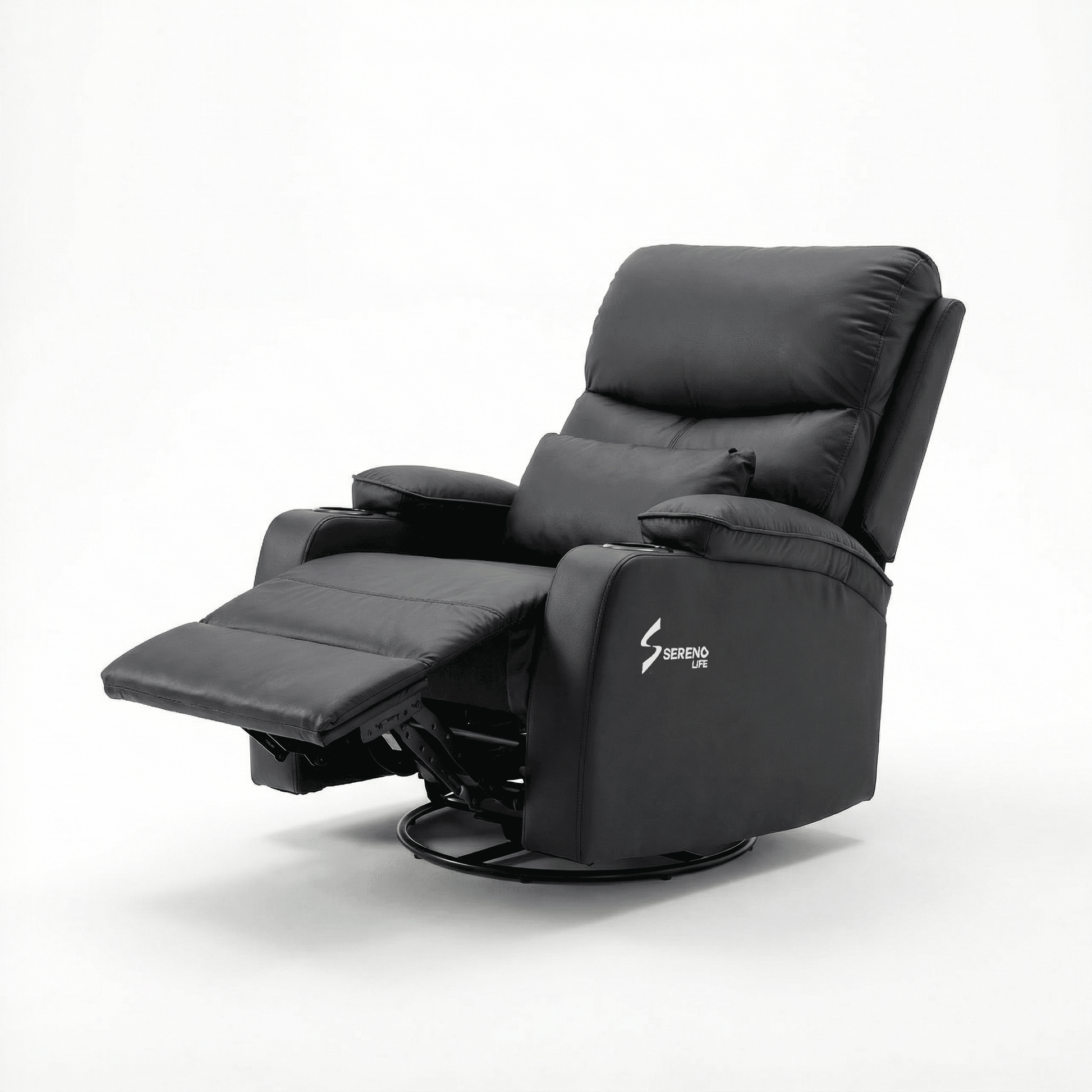 First Class relaxing recliner chair black fully reclined position
